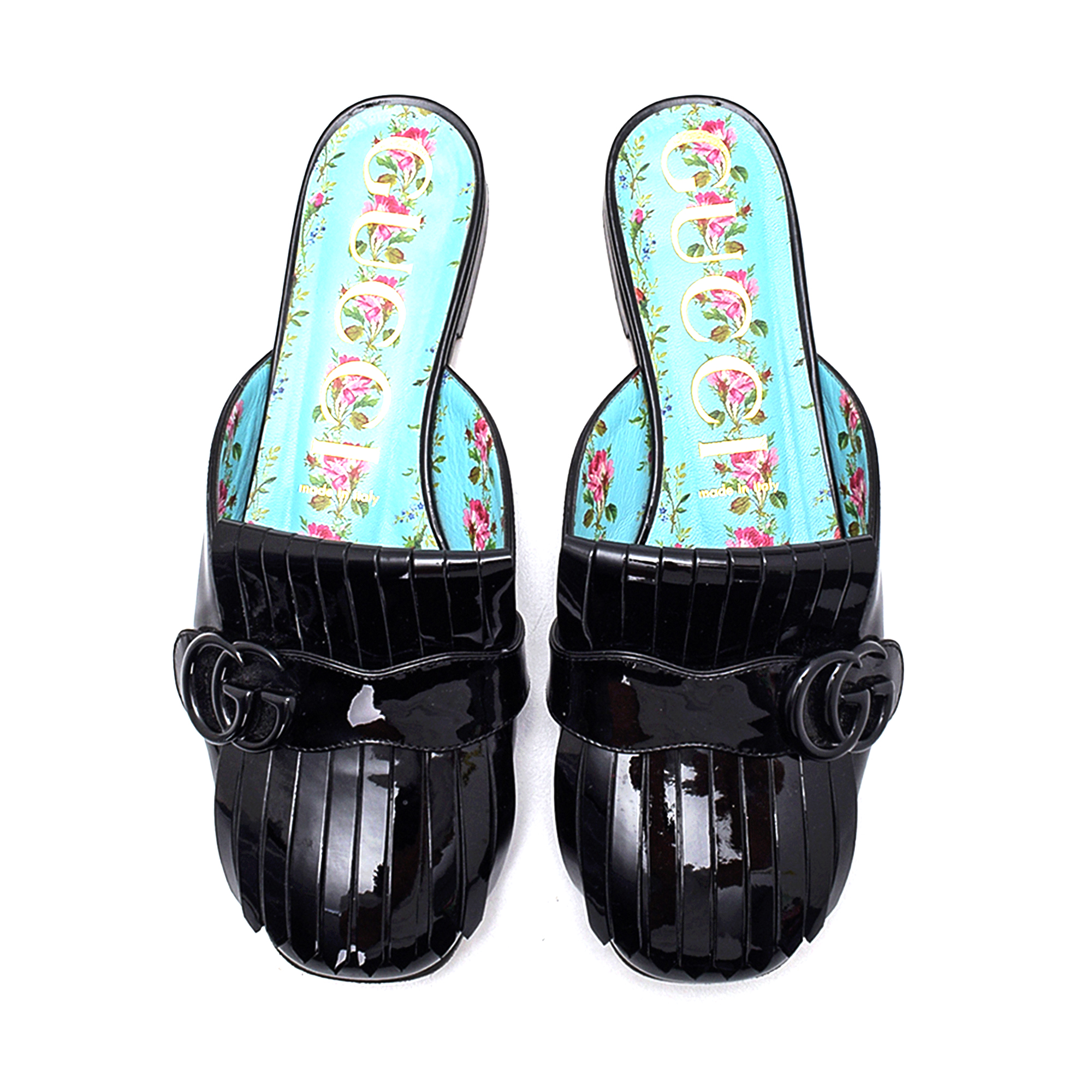 Gucci - Black Patent Leather Marmont GG Fringe Details Slippers